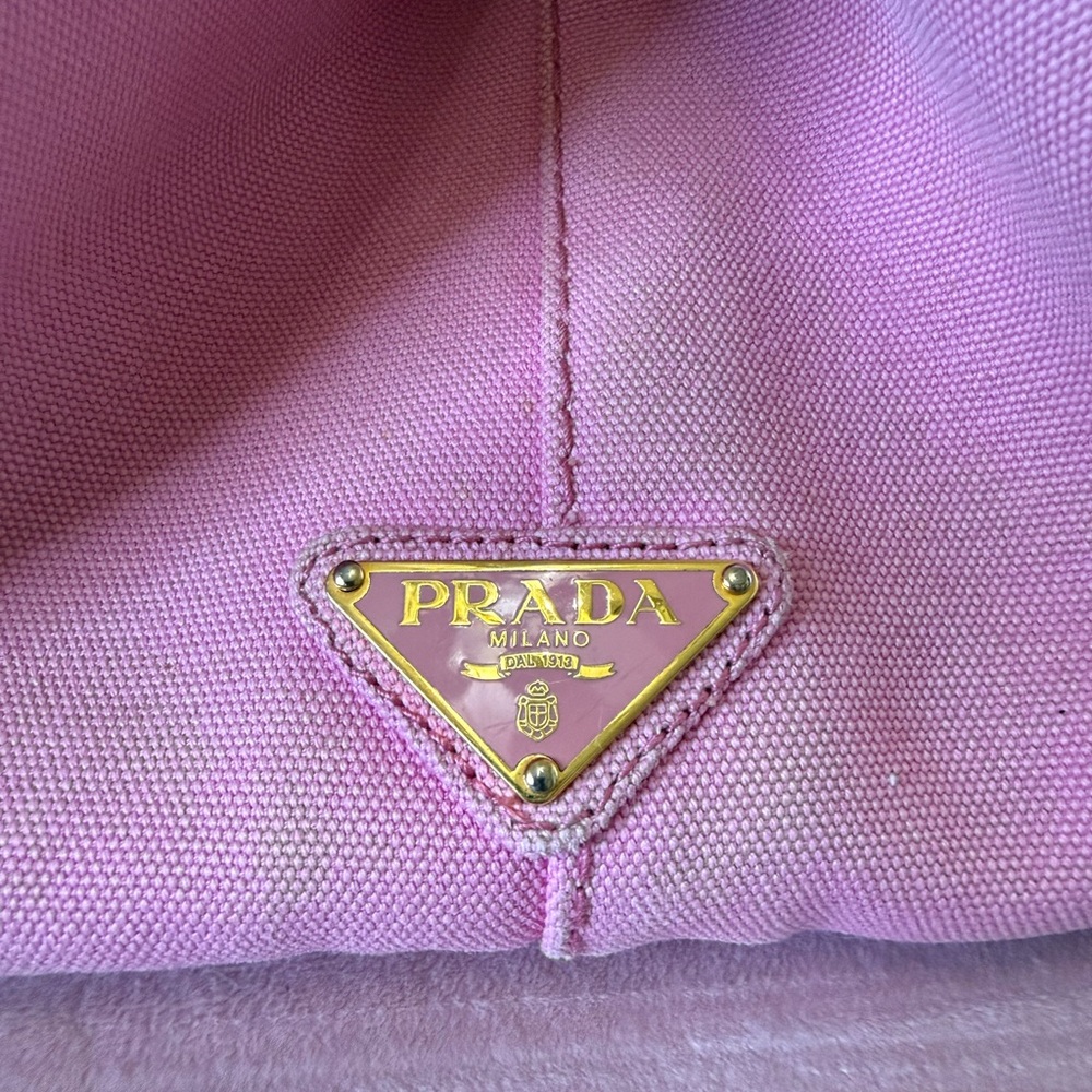 💯Authentic PRADA CANAPA Pink Canvas Logo Tote - Picture 5 of 14